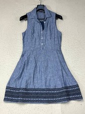 Tahari Size 6 Blue Embroidered 100% Linen Fit & Flare Dress Sleeveless See Pics