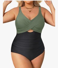 Daci Plus Size One Piece Swimsuit Tummy Control Cutout black green size 22W