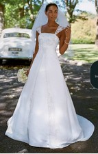 Wedding dress new with tags, size 8 satin A line, chiffon split front overlay