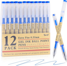 Japanese Style Blue Gel Ink Pens, 0.35mm Extra Fine Point, No Smudge Quick Dr...