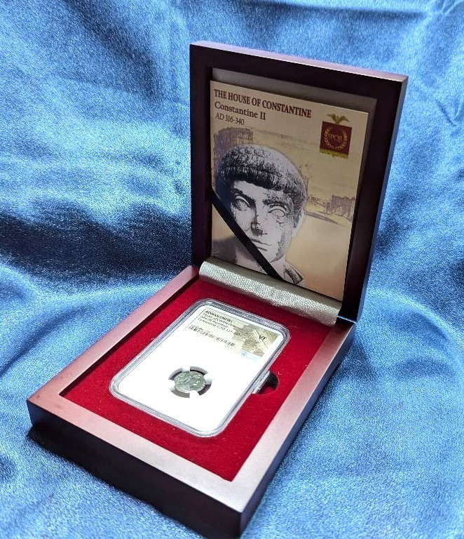 Roman Constatine II Coin in Wooden Display Case NGC VF COA