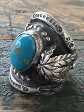 Vintage Sterling Silver Navajo Turquoise Leaf Ring Size 8  