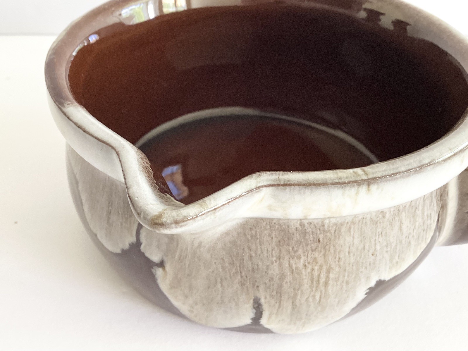 4 Red Clay Brown Glaze Drip Pedestal Ice Cream Sundae Cups & Sauce Bowl