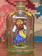 Vintage Stiegel-Type Enameled Bottle Bohemian Folk Art Hand Painted Glass Vase