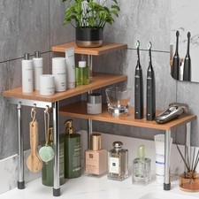 Adjustable 3Tier Corner Shelf Organizer with Hooks for Bathroom and Kitchen