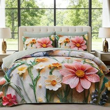 Boho Floral Quilt Set Queen Size, 3 Piece Lightweight Summer Bedding Set with...