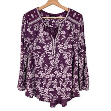 Lucky Brand Womens 1X Purple Floral Embroidered Peasant Blouse Long Sleeve Top