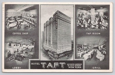 1944 Hotel Taft New York City NYC Postcard Multi-View Interior Lobby Grill Roxy