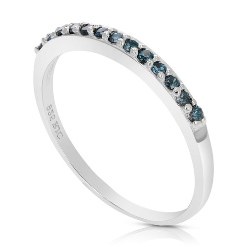 1/6 ct Blue Diamond Ring Wedding Band for Women .925 Sterling Silver Prong Round - Picture 6 of 9