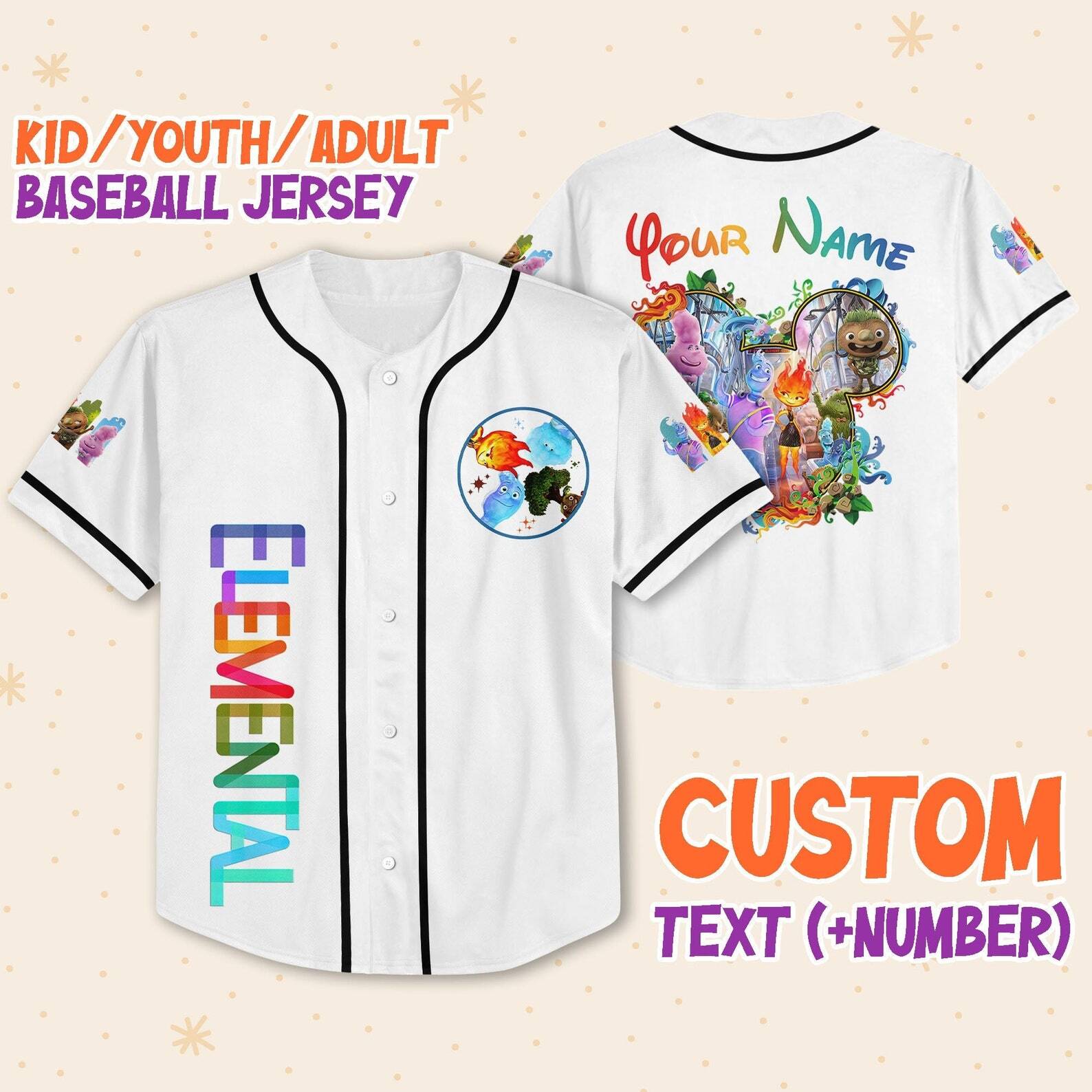 Personalize Disney Pixar Elenmental Mickey Head, Custom Disney Baseball Jersey