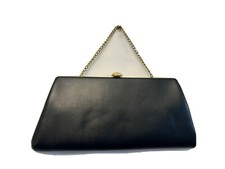 Vintage 1950-60's Ladies Art Deco Faux Leather Gold Clasp Pearl Black Clutch Bag
