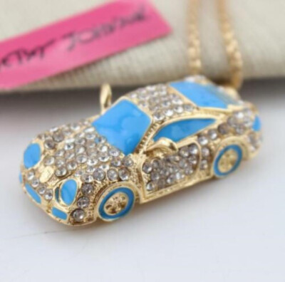 Betsey Johnson Sporty Crystal Blue Race Car Gold Pendant Necklace Free Gift Bag