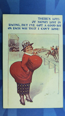 Saucy AE Comic Postkarte 1922 Big Boobs Bum Pferderennwette GUTES BIT AUF JEDEM WEG