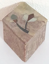 Vintage Fetco India Diamond Shape Stone Hand Carved Trinket Box Inlaid Stamped