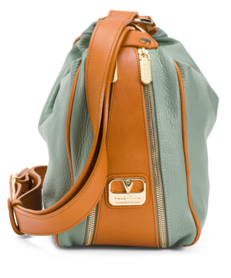 Valentina Italian Convertible Backpack Shoulder Bag Jade Green Cognac Trim NWT