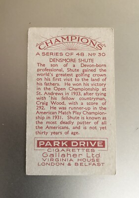1934 Golf Cigarette Card: Gallaher Champions #30; Golfer Densmore Shute