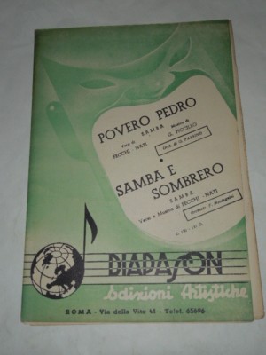 1950 MUSICAL SCORE ''POOR PEDRO'' SAMBA E SOMBRERO''-SAMBA 