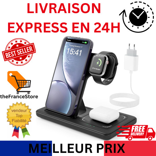 Chargeur induction 3 en 1 charge rapide 15W pour iPhone et Apple Watch Ultra