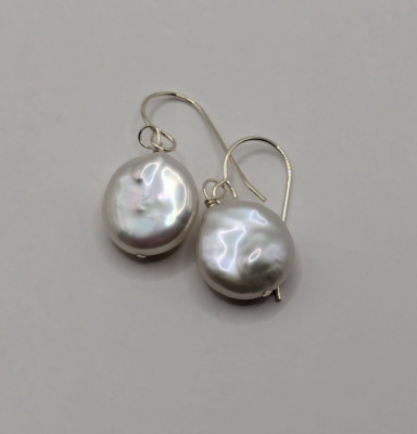 White sterling silver Coin Freshwater Pearl Earrings