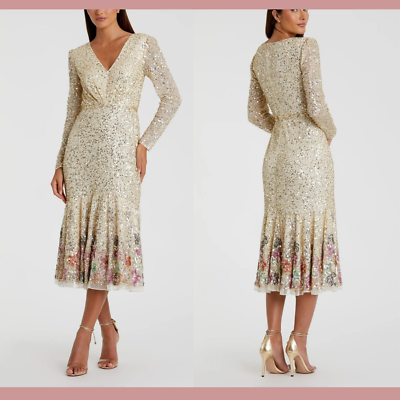 NWT Mac Duggal [ 18 ] 5589 Long Sleeve Embellished Tea Length Dress Gold  #Q957 | eBay