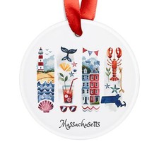 Massachusetts Themed Round Acrylic Ornament - Holiday Decor - Personalized Gift