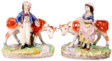 Staffordshire Pottery Cow Milkmaid and Farm Hand h15cm Circa 1890