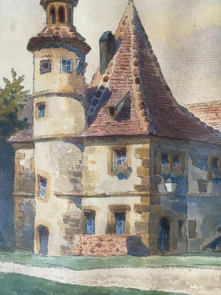 ::AQUARELL BURG SCHLOSS RENAISSANCE RATHAUS °ROTHENBURG O. TAUBER RAHMEN ANTIK - Bild 4 von 4