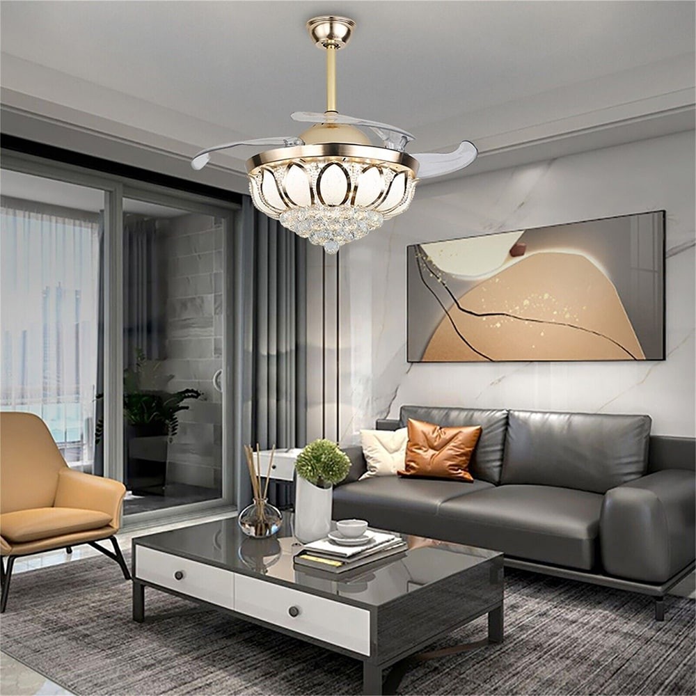 42 Inch LED Modern Ceiling Fan with Crystal Chandelier Light Remote Control