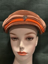 Vintage Brown Orange Cream Velvet Hat Cap Fashion Retro Art Deco Glass Beads