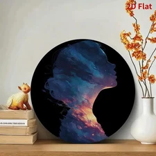 2D Flat, 8x8"Round Aluminum Foil Wall Art - Starry Night Sky & Woman Silhou