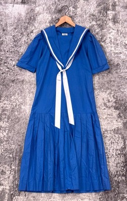 Vintage Laura Ashley Sailor Dress US 10 Womens Blue Cotton Pleated Midi