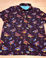 Birdie Bound Men XL Golf Polo Shirt Stretch Performance Black Flamingos
