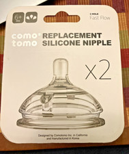 Comotomo Replacement Silicone Nipple 3 Hole Fast Flow 6 mo, 2 Pack NEW