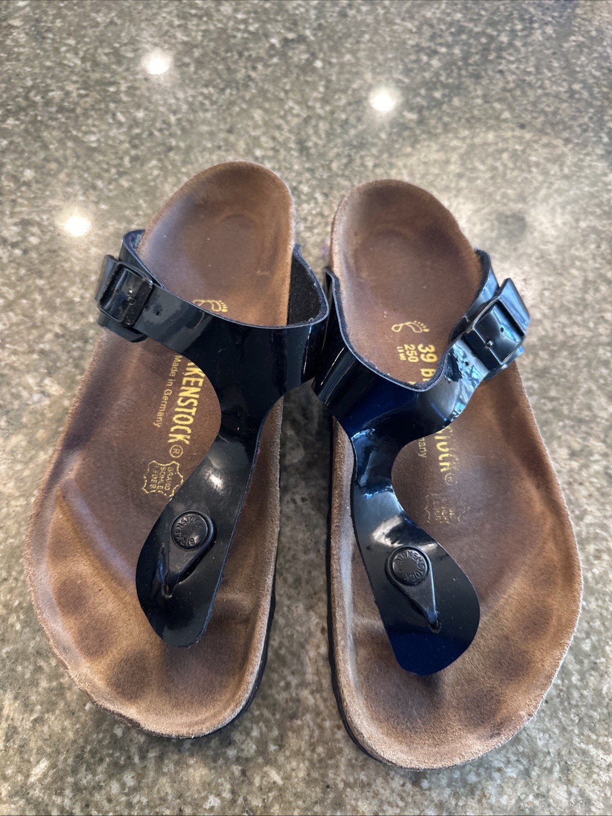 Birkenstock Gizeh Black Patent Birko Flor Thong Sandals Size 39 US 8 Regular Fit