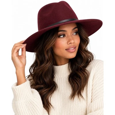 Sombrero Fedora 100% Lana Borgoña Ala Ancha Boho Western Cottagecore Dark Academia - Imagen 1 de 4