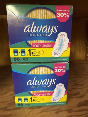 2 Boxes Always Ultra Thin Regular Pads With Wings, Unscented, 96 Count Each New