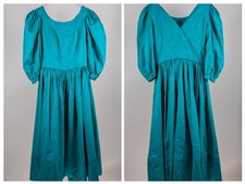 Vintage 80s Laura Ashley Teal Cotton Damask Dress Great Britain Puff Sleeve 34"