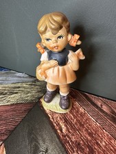 Vintage Figurine Of Commodore Girl with Pigtails + Basket 1960s Made In Japan