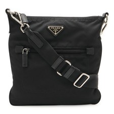 Prada Nylon Leather Triangle Logo Shoulder Bag Women Black One Size