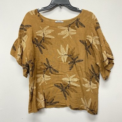 Elena Baldi Top Women Small Brown Pullover Linen Blouse Dragonfly Summer Spring