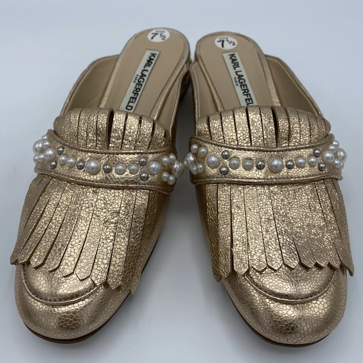 karl Lagerfeld gold Leather mule slides white pearls 7.5 Gorgeous