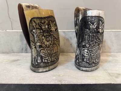 Authentic Medieval Viking  Horn Mug  with odin father engraving SET OF 2 PCS