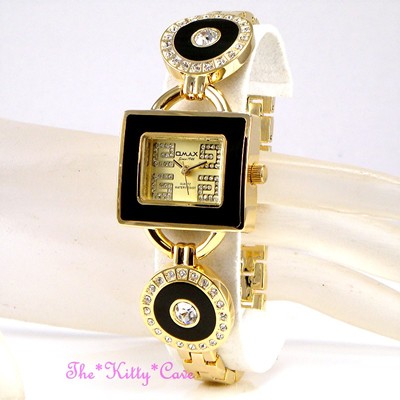 Schweizer Omax Damen Seiko Uhrwerk Gold Pltd & schwarzes Armband Kristall G O004