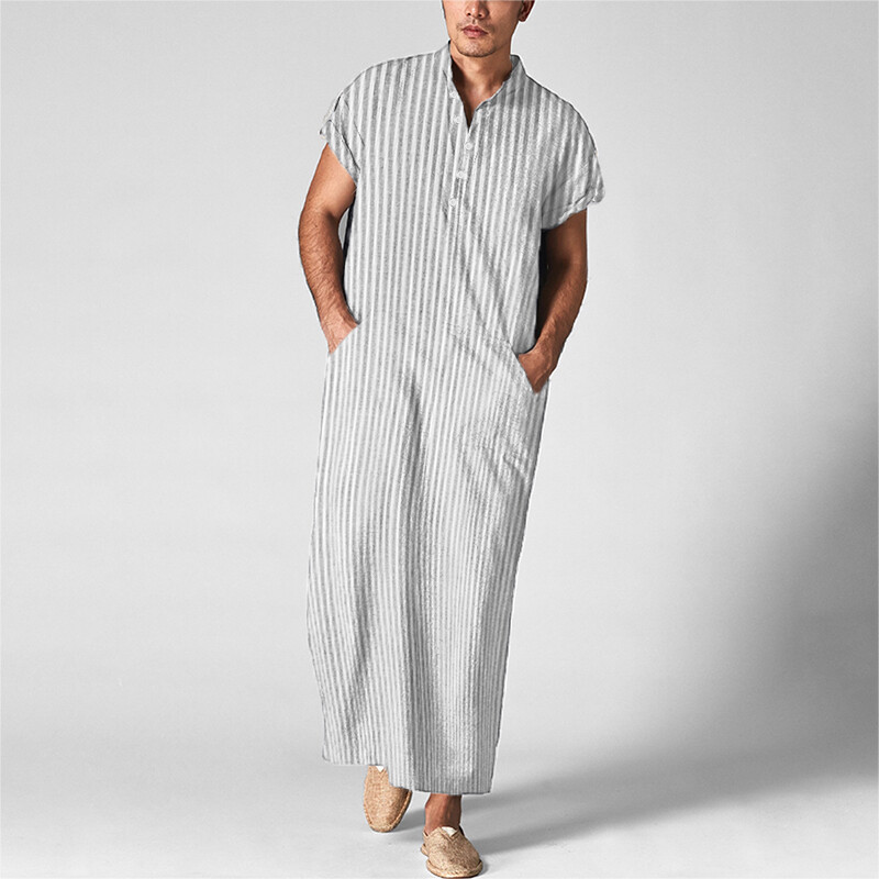 Fashion Men's Muslim Short Sleeve Striped Thobe Saudi Arab Islamic