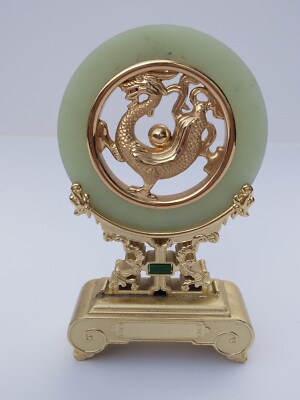 Chinese Celadon Jade Bi Disc On Gold Plated Stand Dragon Plaque