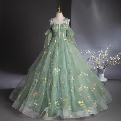 Mori Green Floral Dresses Spaghetti Straps Backless Pleated Tulle Long Dress New