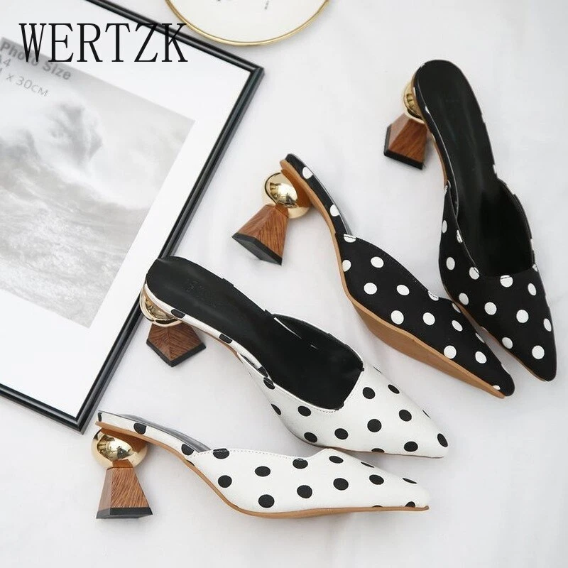High Heel Slippers PointedToe Shoes Woman Mules Shoes Black White Dot Metal Heel - Image 2 of 4