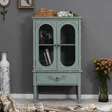 Accent Display Cabinet Kitchen Buffet Storage Cabinet with 2 Glass Doors Green