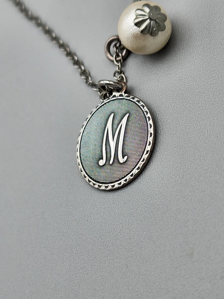 John Wind Silver Plated Sorority Initial "M" and Faux Pearl Pendant Necklace - Image 3 of 4