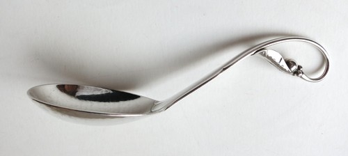 VTG GEORG JENSEN BERRY LEAF STERLING SOLID CURVED HANDLE JAM SPOON DENMARK #21 - 第 8/10 張圖片